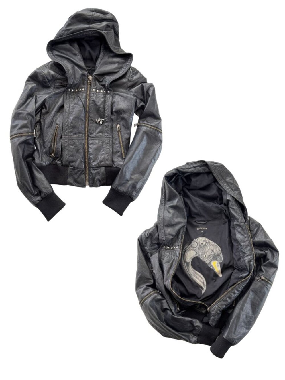 Danier Vintage Black Genuine Leather Hooded Studded Bomber Jacket